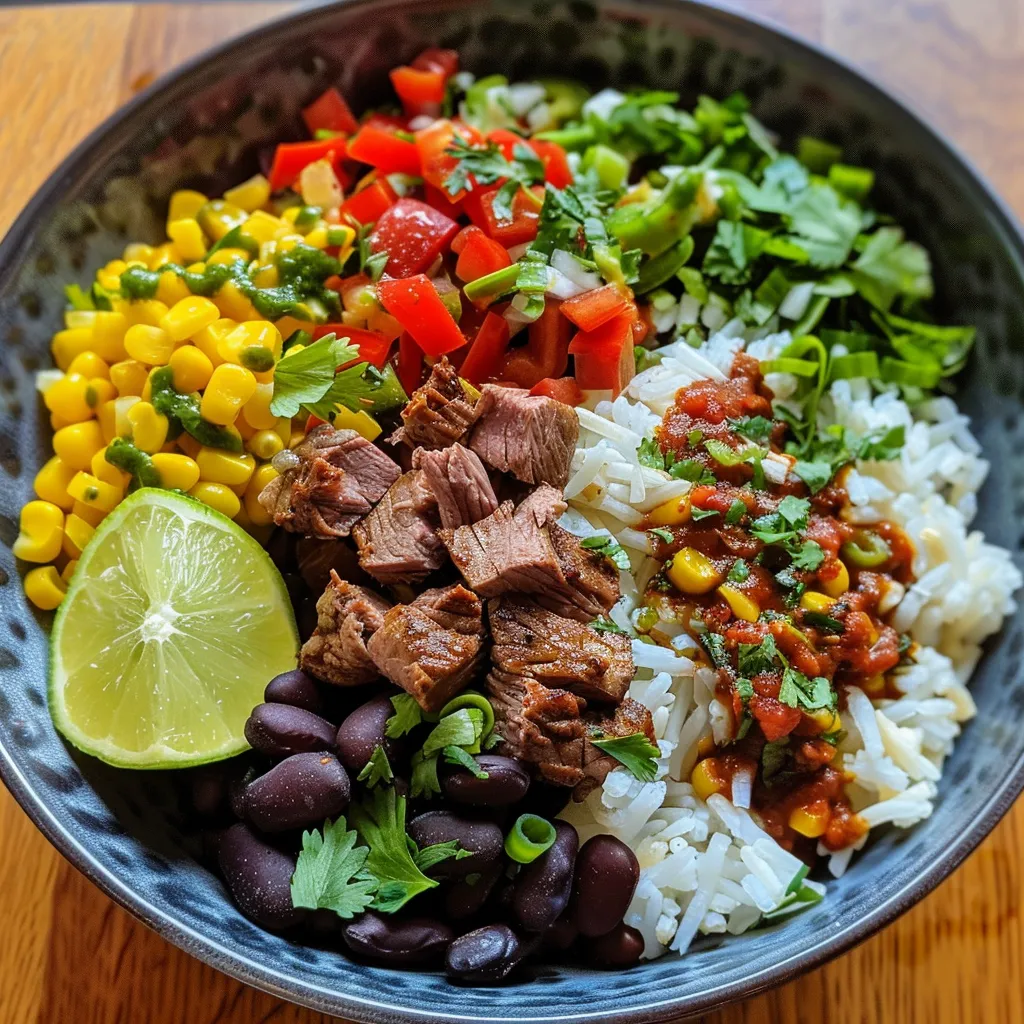 Seitenansicht eines bunten Burrito-Bowls mit Zutaten wie Rinderhack und Paprika.