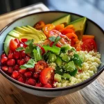 Nahaufnahme einer bunten Couscous-Schüssel mit Avocado und Cherrytomaten.