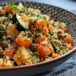 Nahaufnahme einer bunten Couscous-Gemüse-Pfanne mit Kichererbsen und frischen Kräutern.