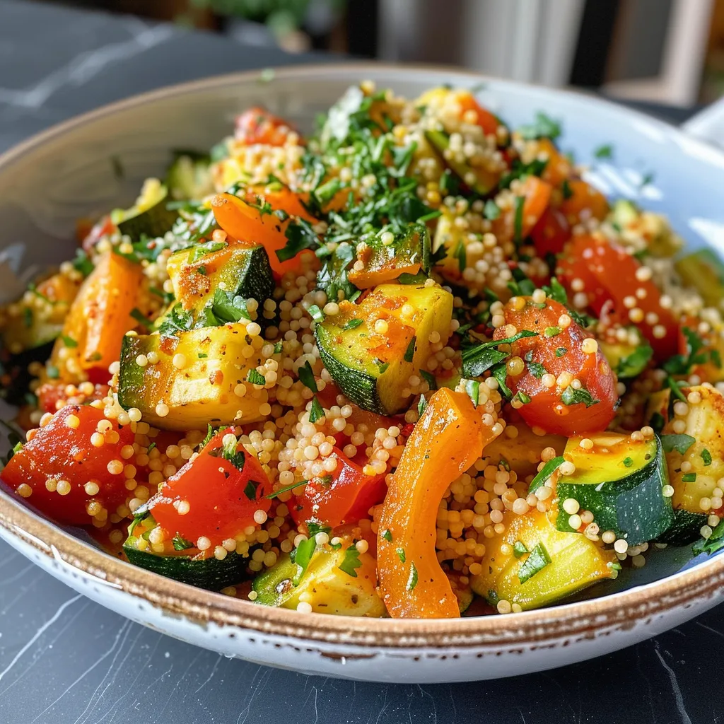 Seitenansicht einer schmackhaften Couscous-Gemüsepfanne in einer Schüssel, dekoriert mit Minze.