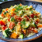 Nahaufnahme einer bunten Couscous-Pfanne mit frischem Gemüse.