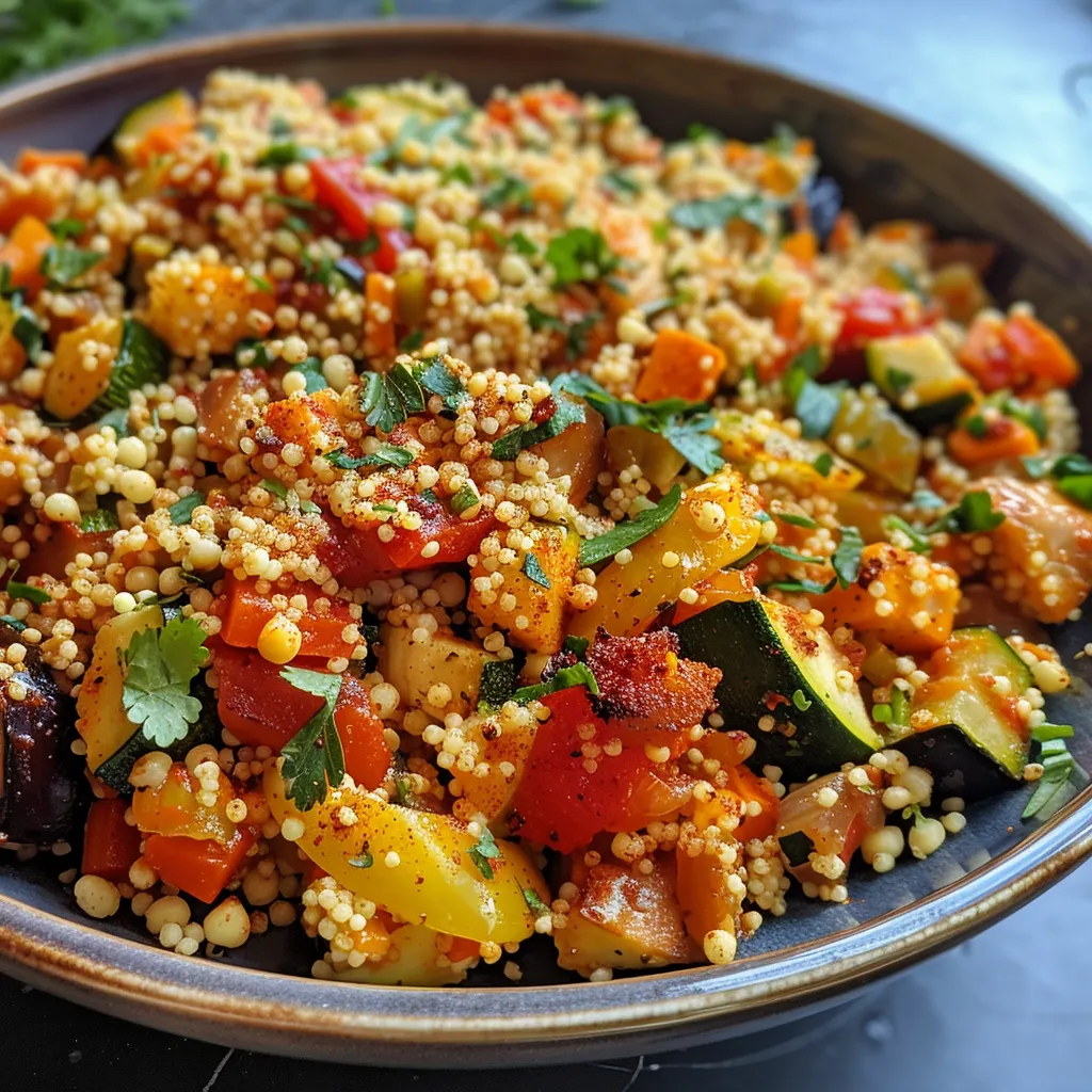 Seiteansicht einer köstlichen Couscous-Pfanne, gefüllt mit verschiedenen Gemüsesorten.