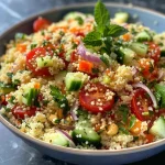 Nahaufnahme eines bunten Couscous-Salats mit frischen Zutaten.