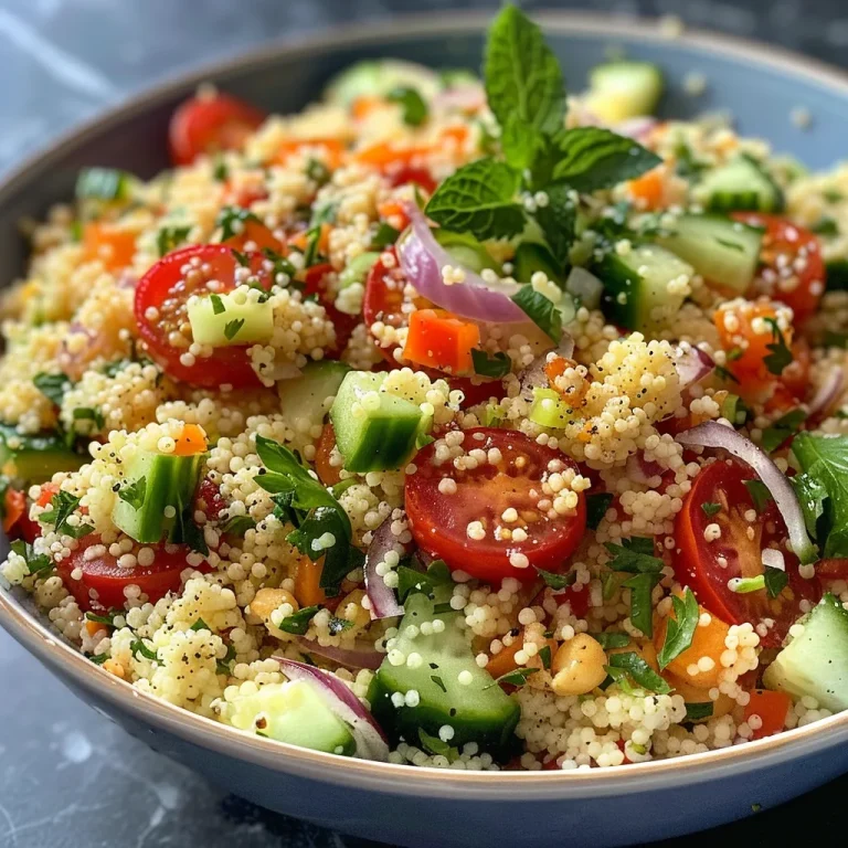 Frische und Freude im Teller: Couscous Salat für jeden Tag Nahaufnahme eines bunten Couscous-Salats mit frischen Zutaten.