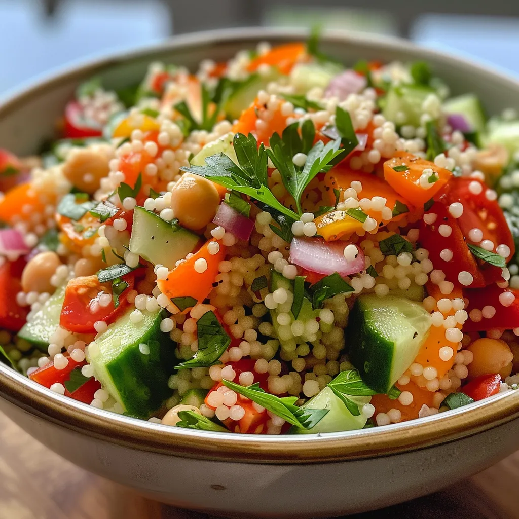 Seitenansicht eines leckeren Couscous-Salats, reich an Gemüse.