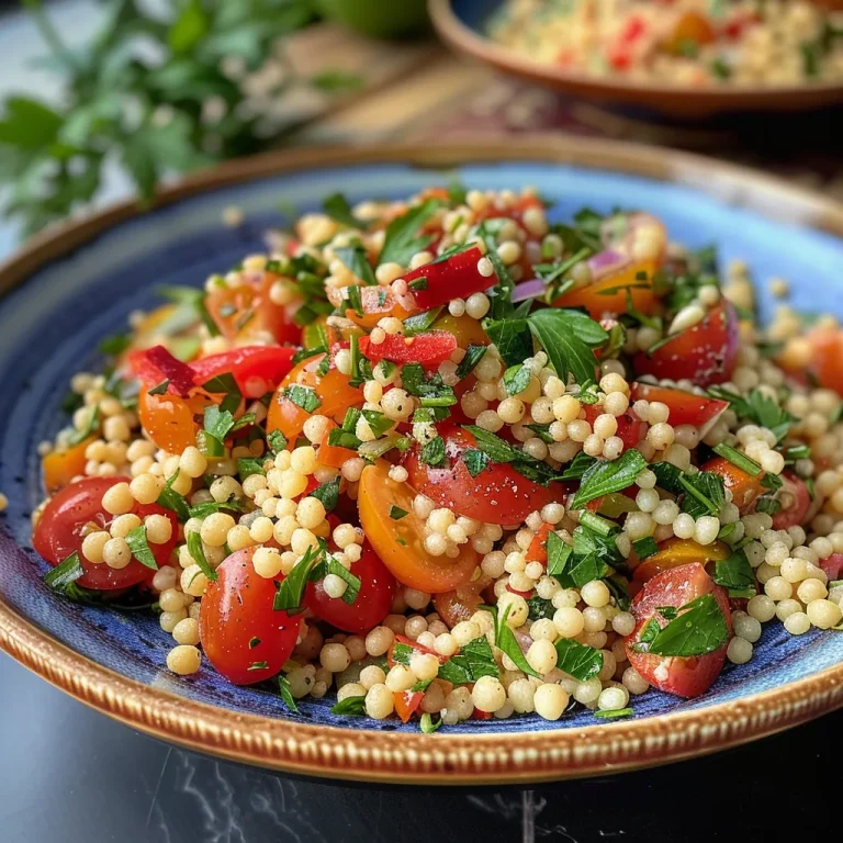 Nahaufnahme eines bunten Couscous-Salats mit frischen Gemüsewürfeln.