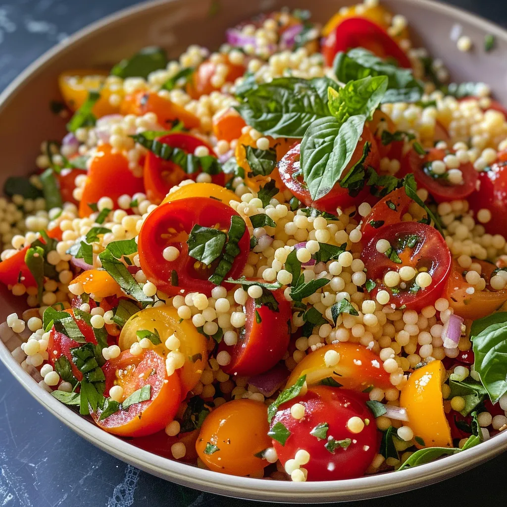 Seiteansicht eines appetitlichen Couscous-Salats mit Kichererbsen und Kräutern.