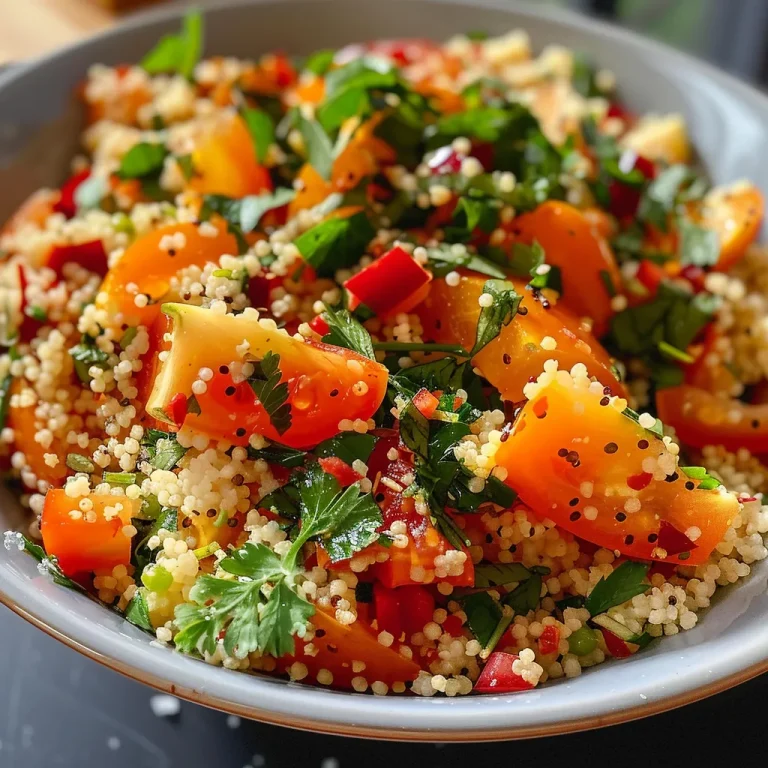 Nahaufnahme eines saftigen Couscous-Salats in einer Schüssel.