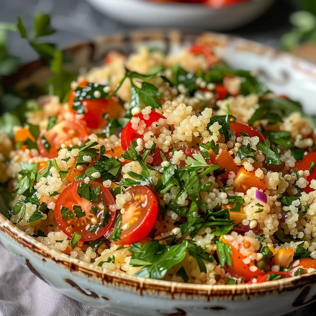 Detailaufnahme des Couscous-Salats, sichtbar mit frischen Zutaten und Farben.