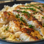 Nahaufnahme von cremigen Knoblauchgarnele auf Reis, elegant angerichtet.