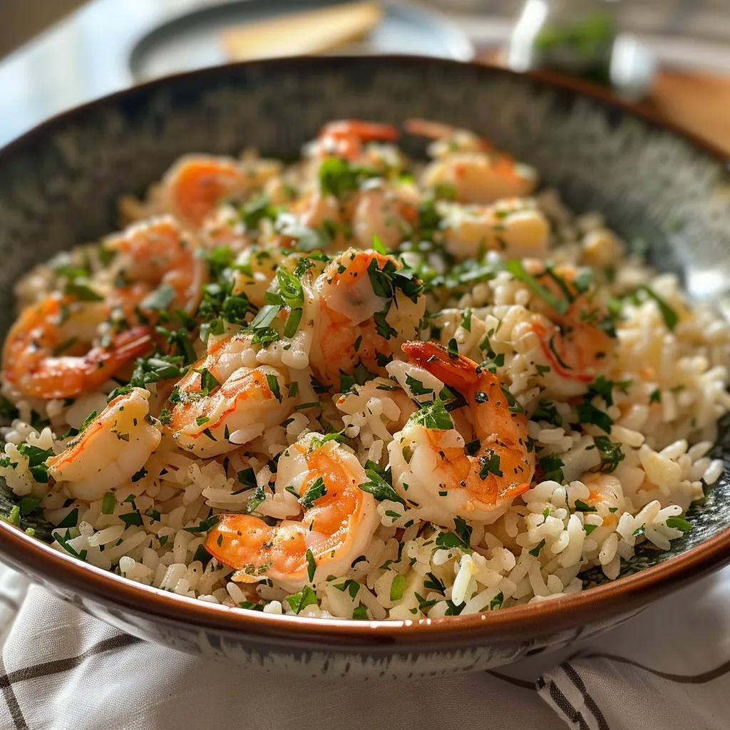Leckere Garnelen in cremiger Sauce mit Reis, schön präsentiert.