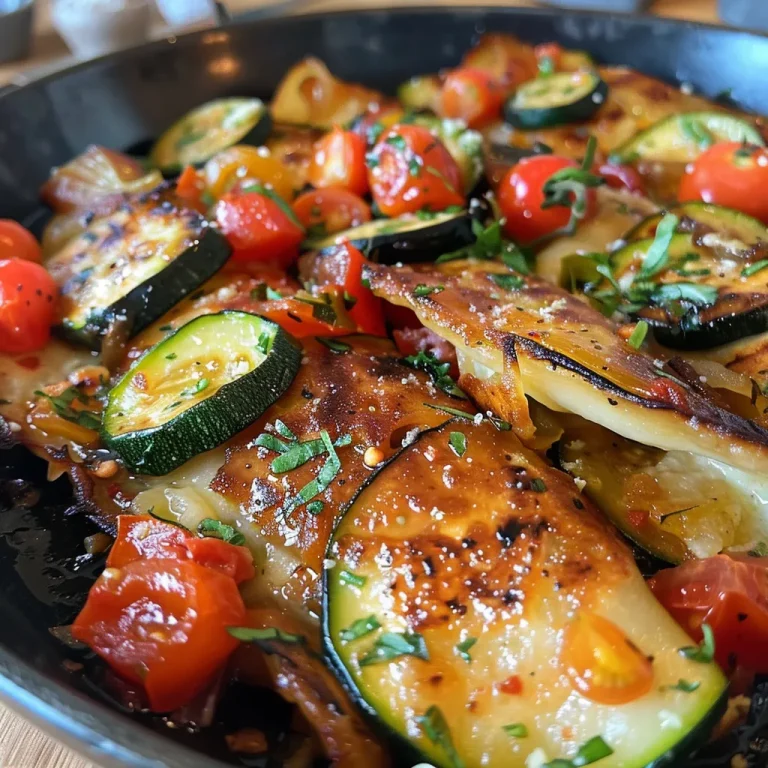 Nahaufnahme eines cremigen Maultaschenpfanne mit Zucchini und Kirschtomaten.