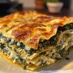 Eine köstliche Lasagne mit Spinat und Ricotta, in Schichten präsentiert.