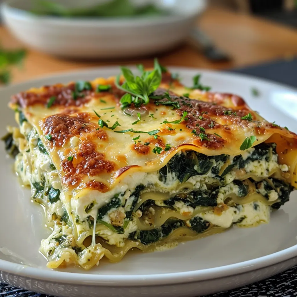 Nahaufnahme von cremiger Spinat-Ricotta-Lasagne mit geschmolzenem Käse.