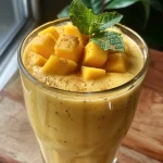 Nahaufnahme eines cremigen Mango-Smoothies in einem Glas mit frischen Mangostücken.