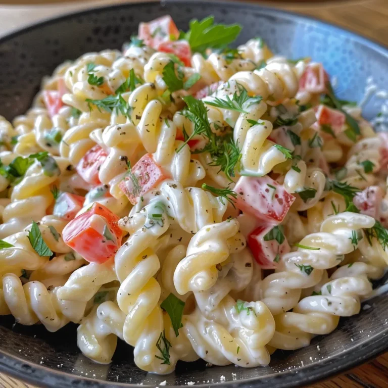 Nahaufnahme eines cremigen Nudelsalats mit buntem Gemüse.