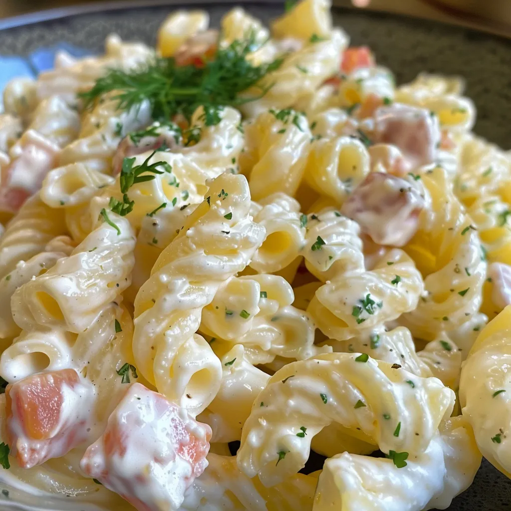 Seitenansicht eines köstlichen Nudelsalats, dekoriert mit Kräutern.