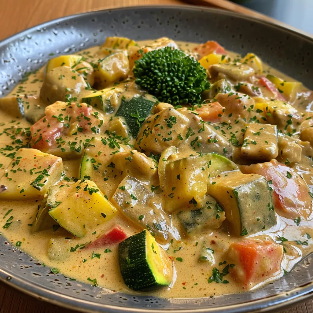 Seiteansicht eines appetitlichen Gemüse Currys mit frischen Zutaten.
