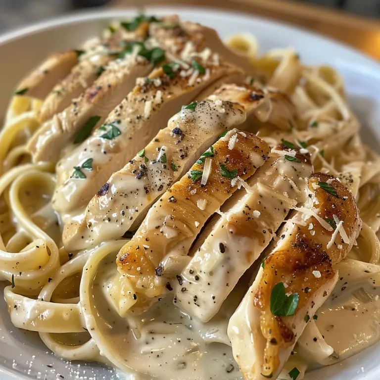 Nahaufnahme von cremigem Hühnchen Alfredo auf einem Teller, mit frischem Petersilie garniert.