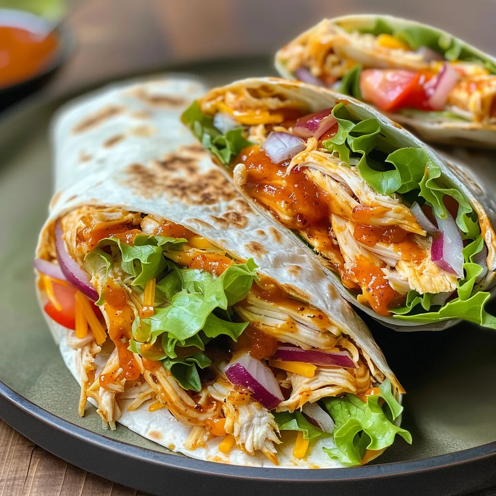 Seiteansicht eines mit BBQ-Sauce gefüllten Hühnchen-Wraps mit Käse und Gemüse.