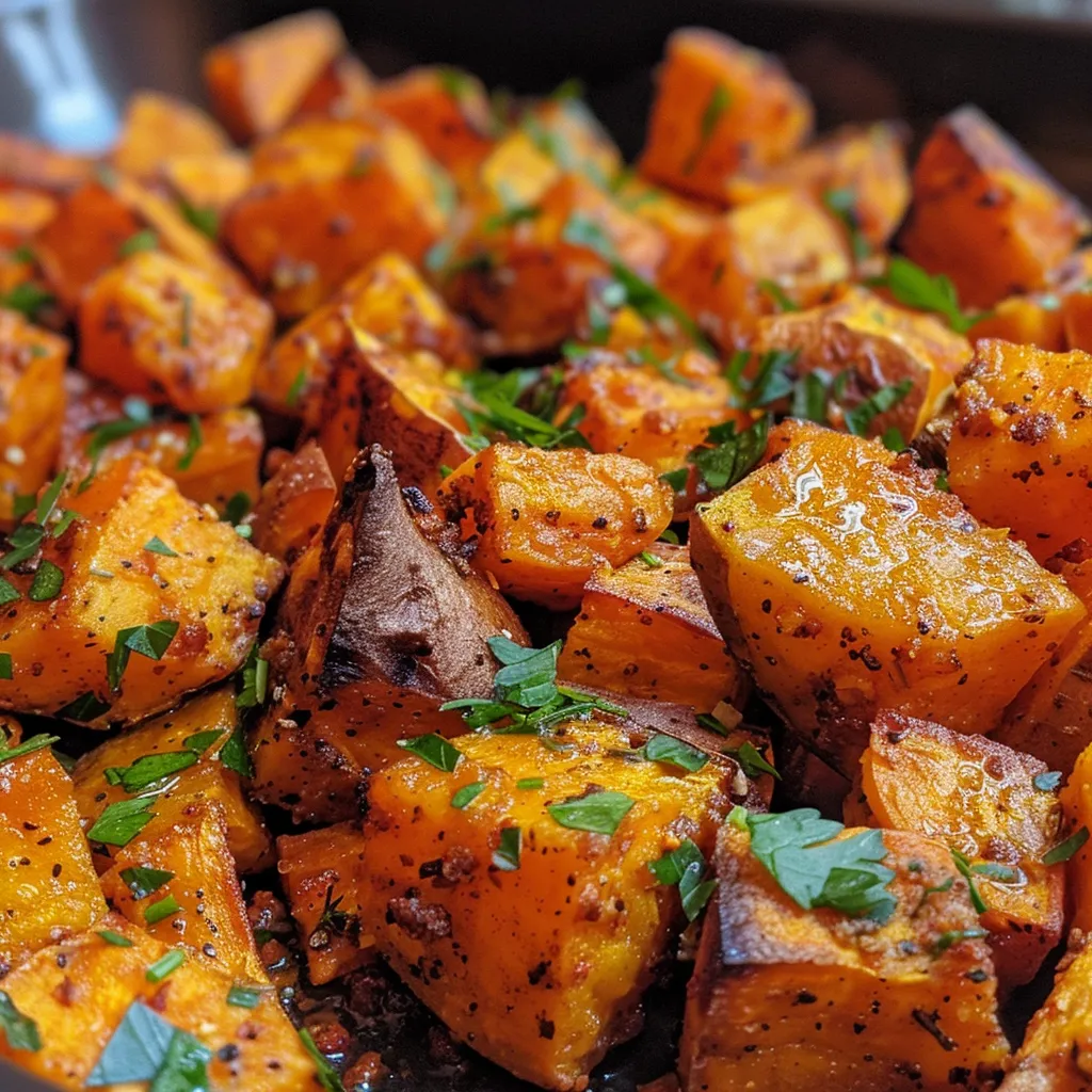 Seitenansicht von goldbraun gerösteten Süßkartoffelwürfeln, die appetitlich aussehen.