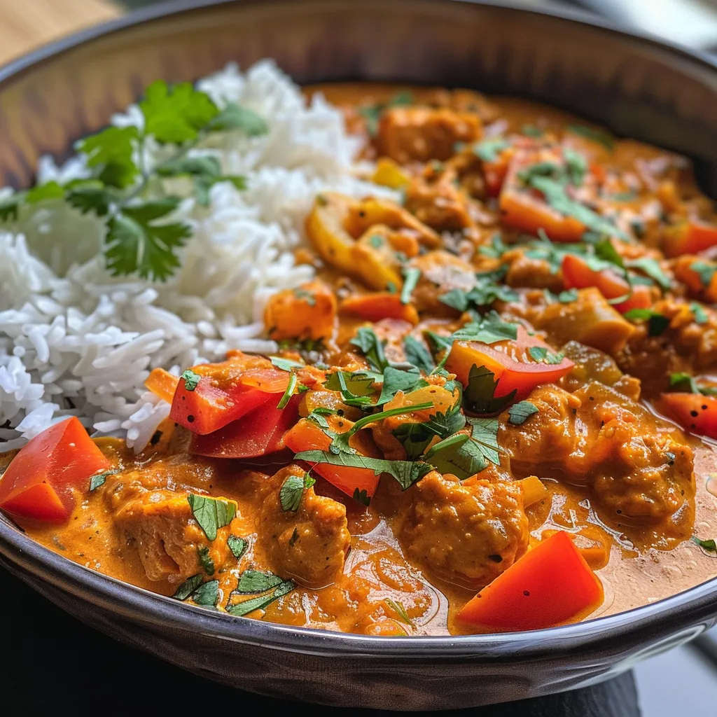 Seiteansicht von einer Schüssel Curry mit Kichererbsen und Tomaten.