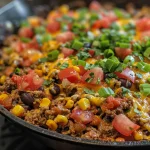 Nahaufnahme eines saftigen Rinder-Taco-Pfannengerichts auf einem weißen Teller.