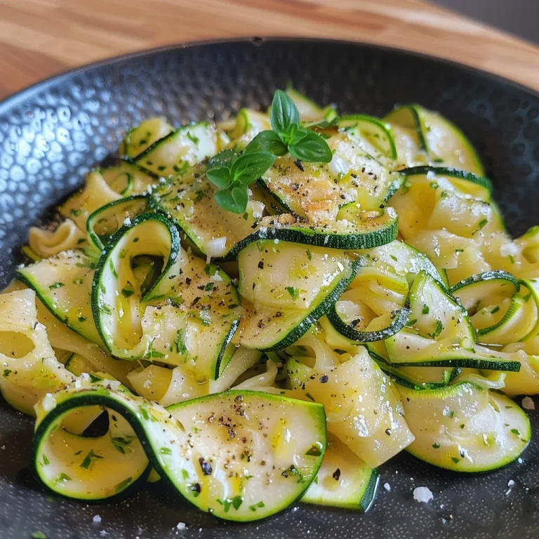 Nahaufnahme von Zucchini-Nudeln auf einem Teller mit Butter und Gewürzen.