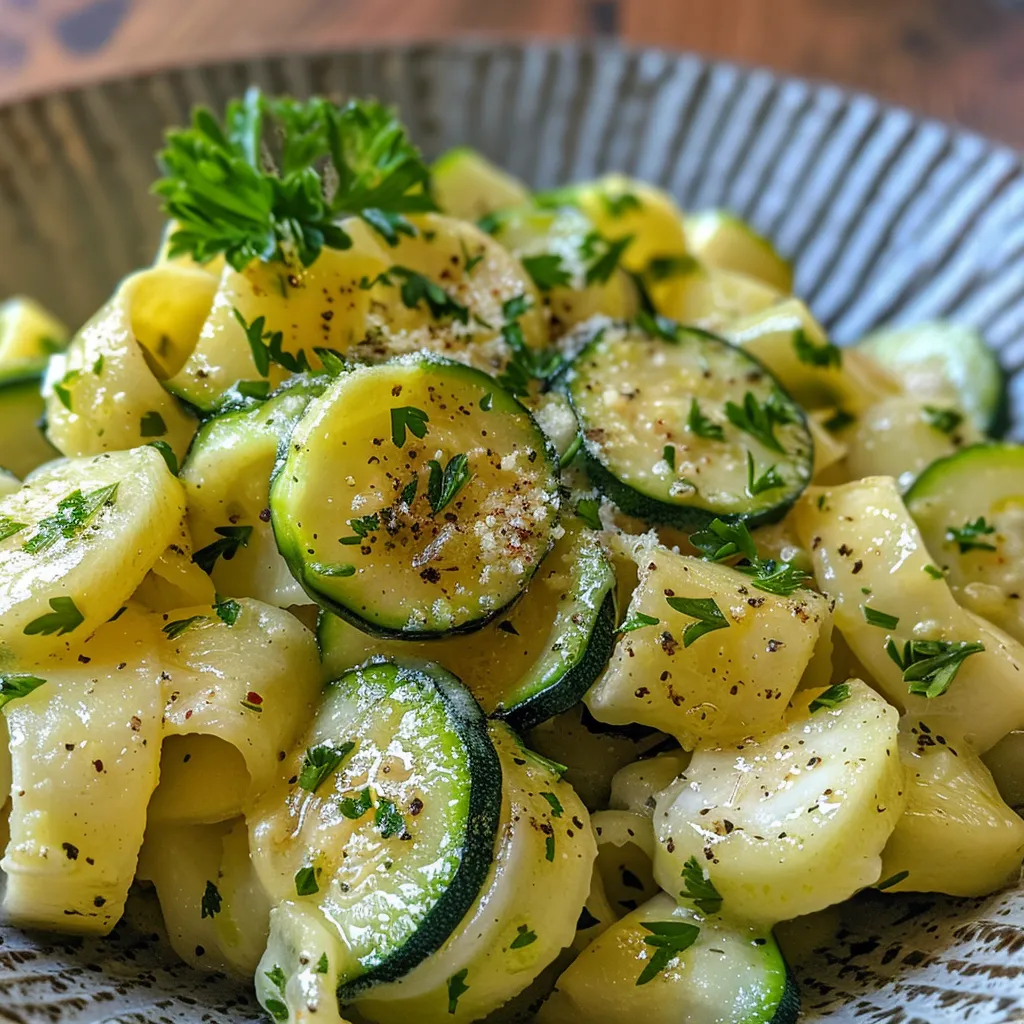 Seiteansicht einer Portion Zucchini-Nudeln, frisch zubereitet und appetitlich angerichtet.