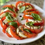 Nahaufnahme einer frisch zubereiteten Caprese-Salat mit Tomaten und Mozzarella.