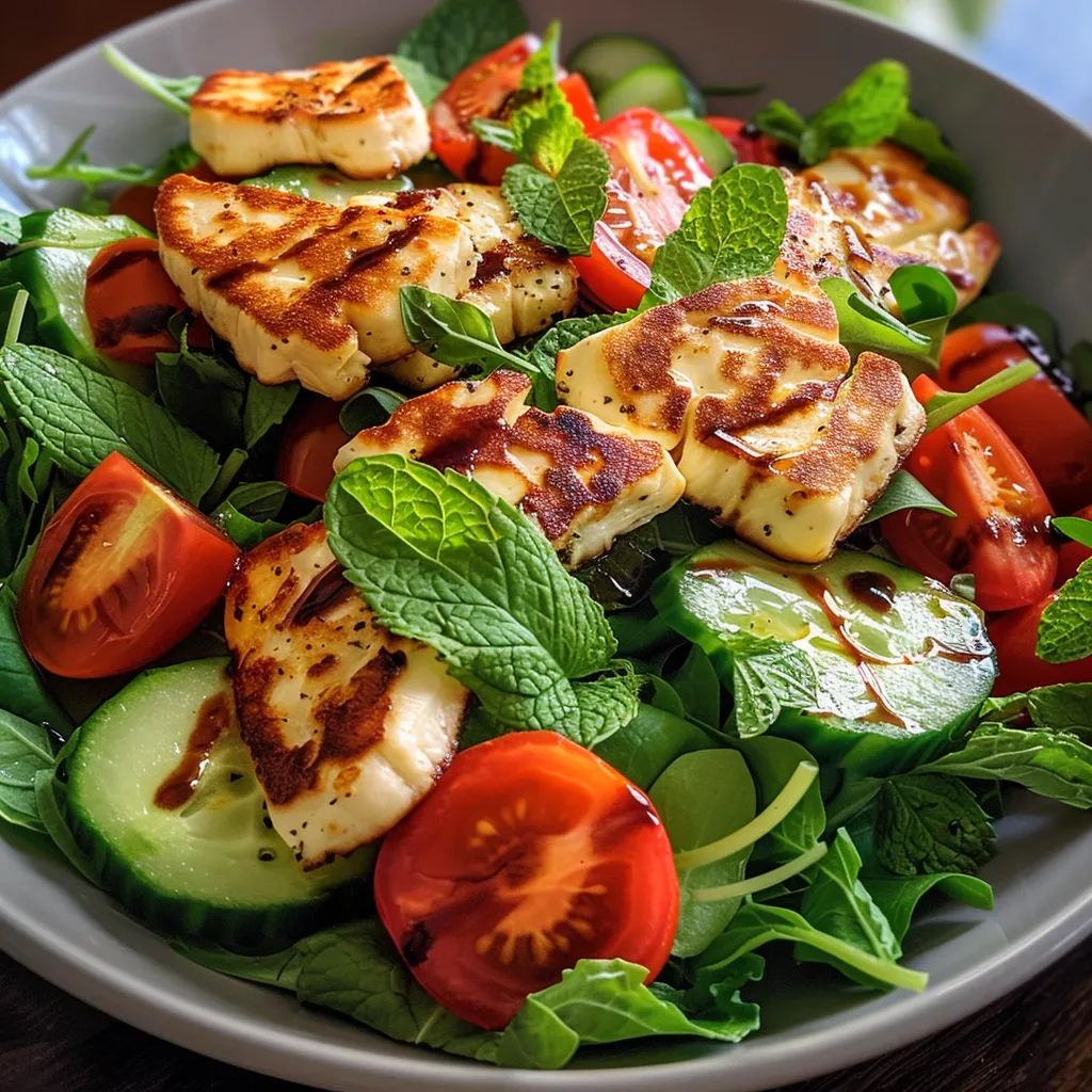 Seitenansicht eines bunten Salats mit Halloumi und Gemüse.