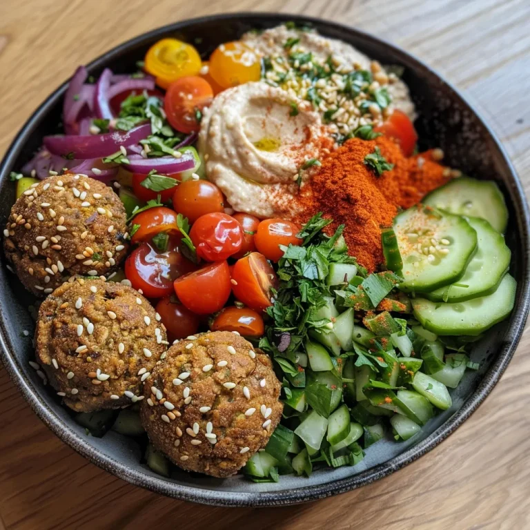 Orientalische Falafel-Bowl: Genussvoll und Einfach Zubereitet Nahaufnahme eines Falafel-Bowls mit frischem Gemüse und Couscous.