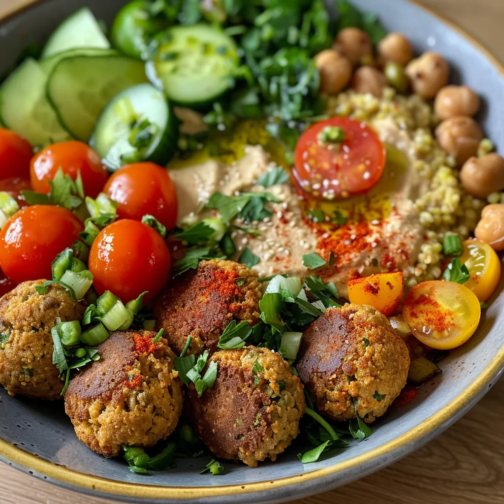 Seiteansicht eines bunten Falafel-Bowls mit verschiedenen Zutaten.