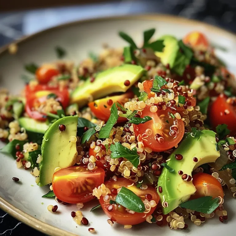 Leichtigkeit und Geschmack: Dein Quinoa-Salat für jeden Tag Ein erfrischender Quinoa-Salat mit Avocado und Tomaten, nah aufgenommen.