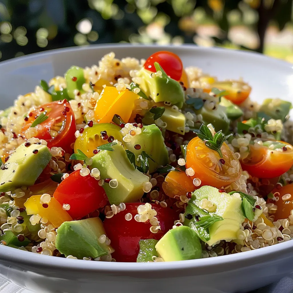 Detailansicht von einem bunten Quinoa-Salat mit frischem Gemüse.