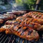 Nahaufnahme von saftigen Garnelenspießen vom Grill.