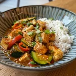 Naheaufnahme von gebratenem Reis mit Tofu, Gemüse und Sesam.