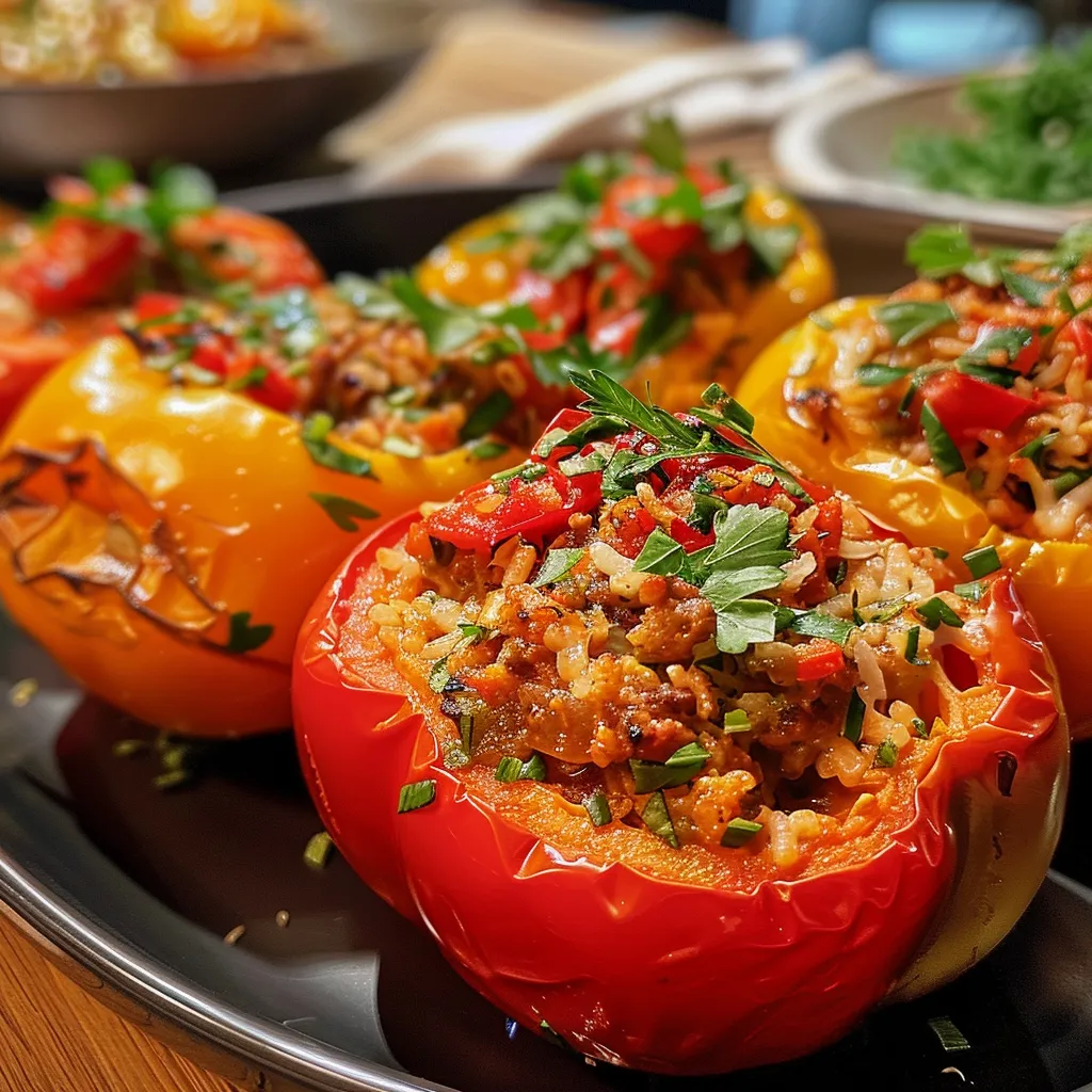 Nahe Ansicht einer bunten Paprika, gefüllt mit Hackfleisch und Käse, elegant angerichtet.
