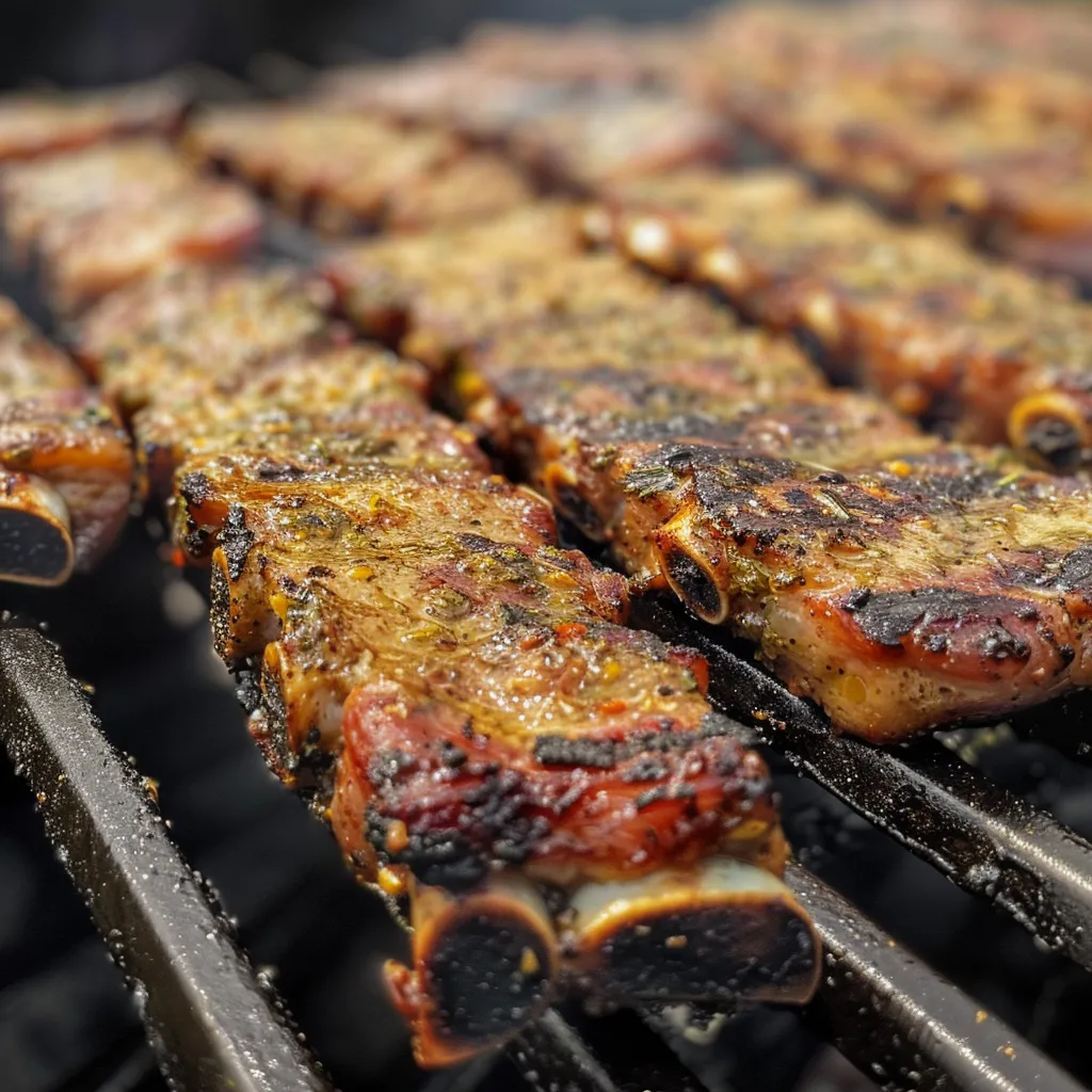 Nahaufnahme von Garnelenspießen, gegrillt und garniert mit Kräutern.