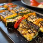 Gegrillte Gemüsespieße in Nahaufnahme, frisch und farbenfroh.