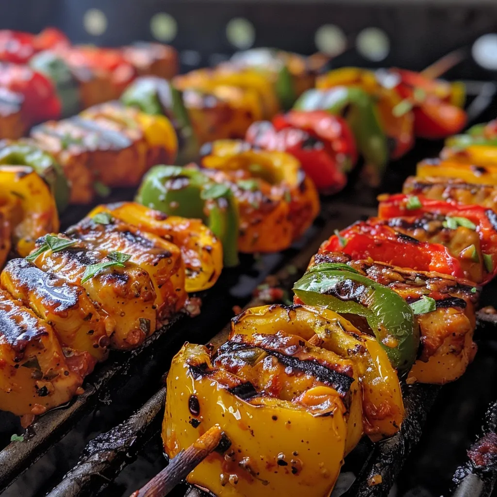 Nahaufnahme von bunten Gemüse-Spießen mit Paprika und Mais.