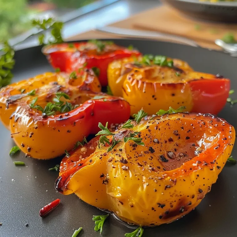 Saftige gegrillte Paprika in leuchtenden Farben auf einem Teller.