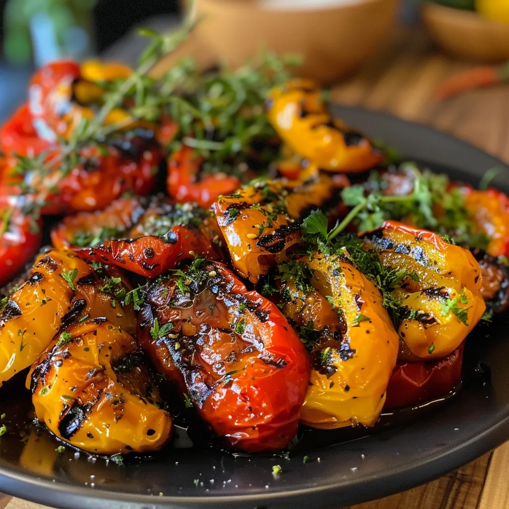 Nahaufnahme von gegrillten roten und gelben Paprika mit Kräutern.