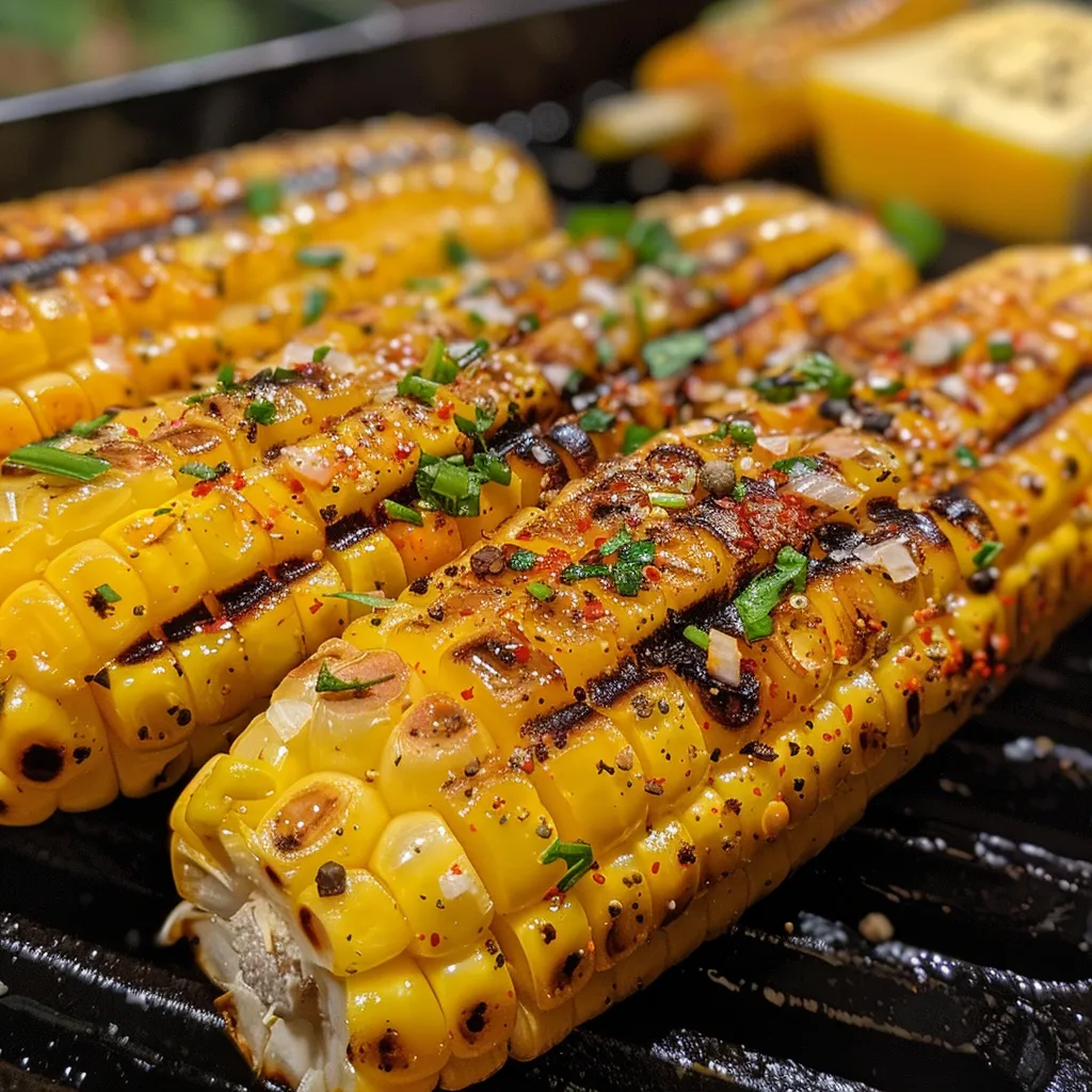Seiteansicht von saftigem, gegrilltem Mais auf einem Grill.