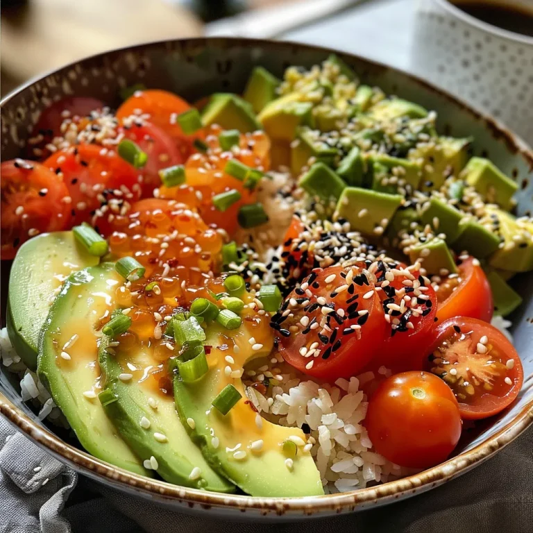Eine gesunde Bowl mit Avocado, Reis und frischem Salat in Nahaufnahme.