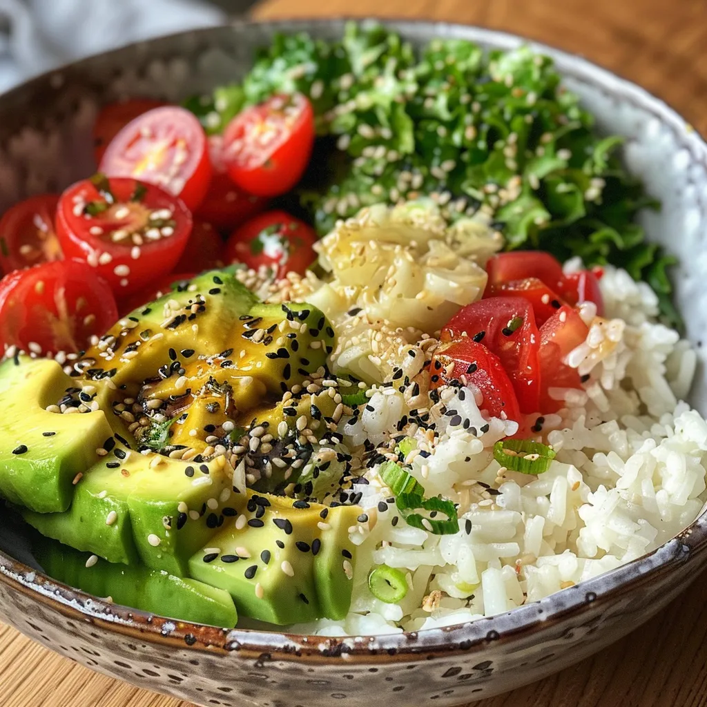 Seitenansicht einer bunten Gesunde Bowl mit Avocado und gemischtem Salat.