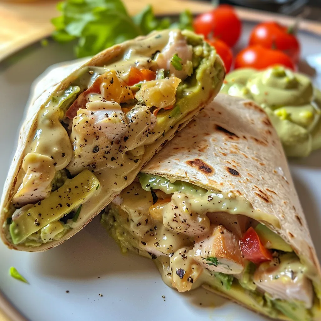 Seitenansicht eines saftigen Protein Wraps, gefüllt mit Thunfisch und Avocado.