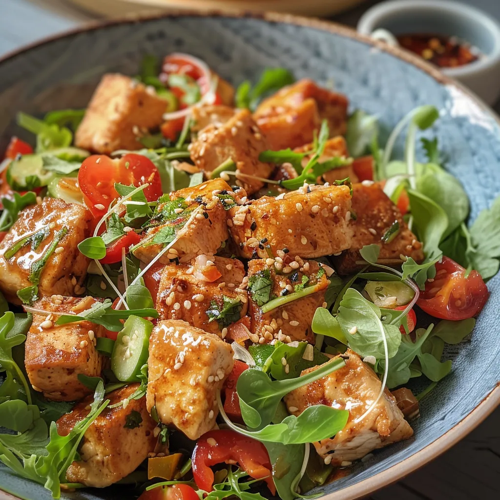 Seitenansicht eines Glasnudel Salats mit frischen Zutaten und Sauce.