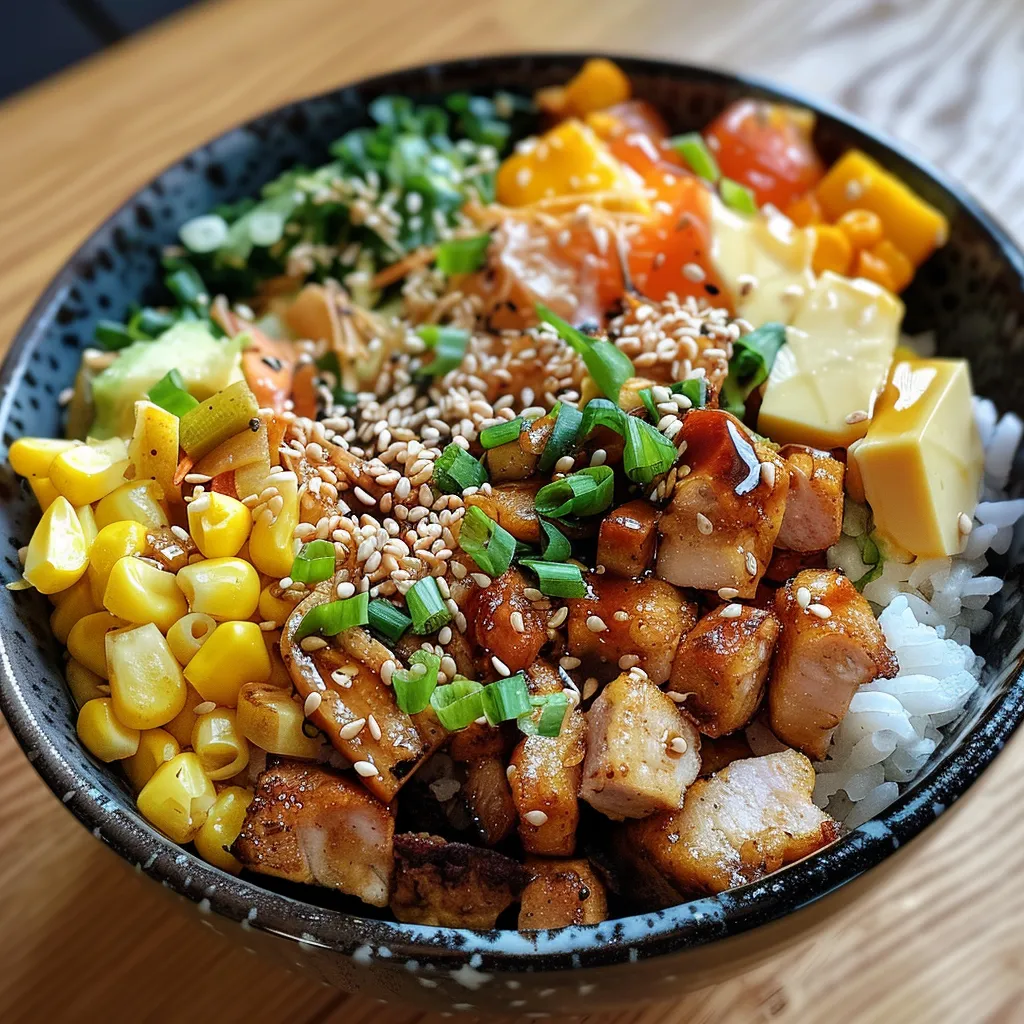 Seitenansicht einer köstlichen Hähnchen Bowl mit cremiger Sauce.