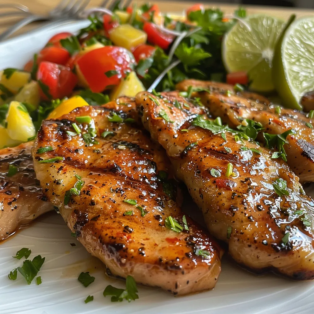 Darstellung eines saftigen Hähnchenfilets in süß-saurer Soße, serviert mit Ananas und Frühlingszwiebeln.
